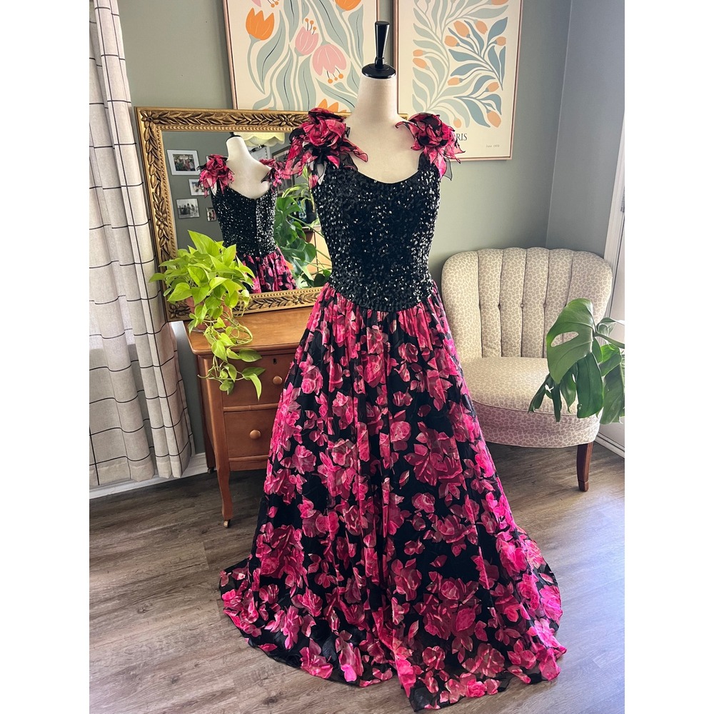 70s Mike Benet Ball  Gown Black Sequin Bodice Pink Floral Burnout  Rosettes